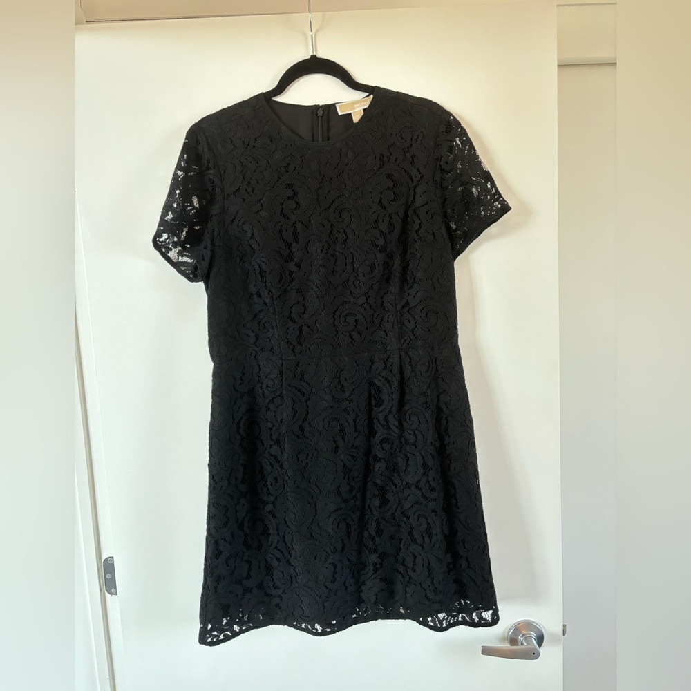 Michael Michael Kors Black Short-Sleeved Lined Lace Mini Dress, Black, Size 12